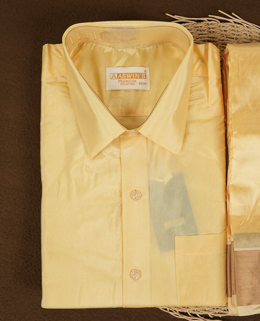 Champ colour Aswin’s wedding set featuring a refined silk shirt and matching dhoti with gold zari detailing, crafted for timeless elegance and perfect for traditional weddings and festive occasions.