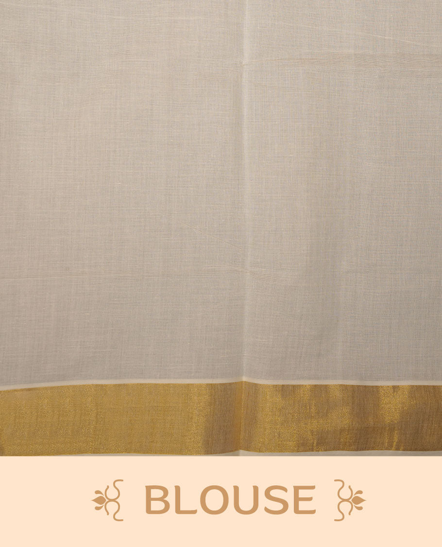 Off-white colour cotton Kerala saree crafted in a soft, sheer weave, finished with a classic gold kasavu border along the body and pallu, and paired with a matching blouse.