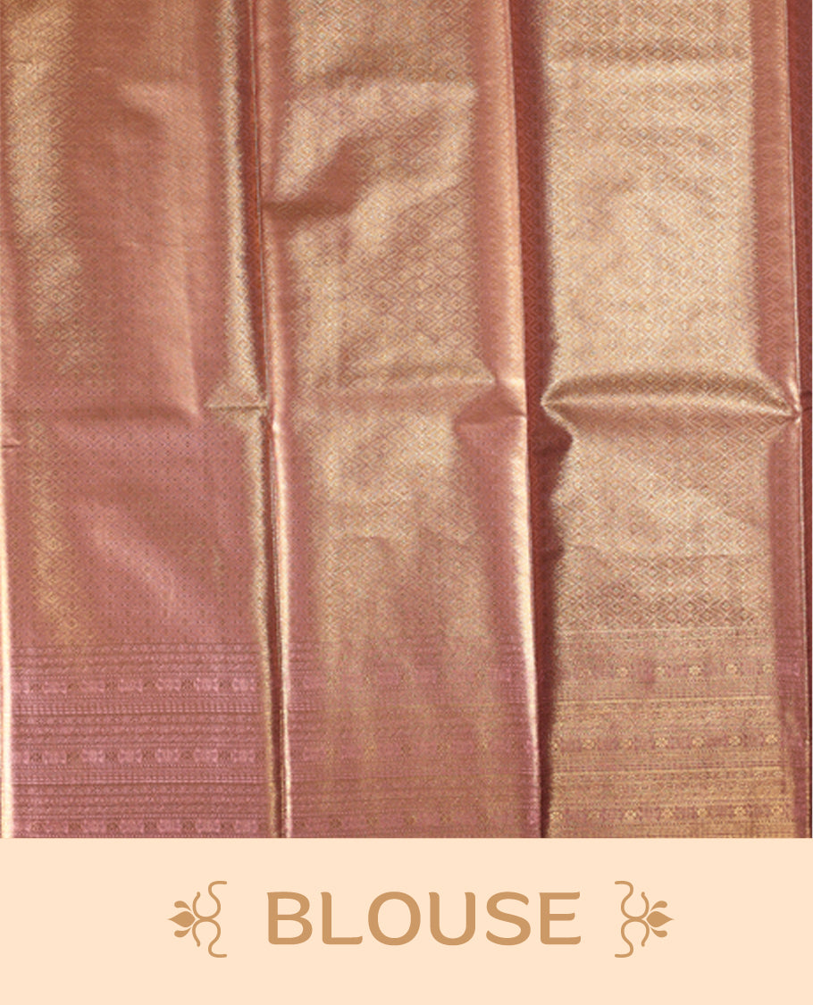 Golden pink colour semi silk brocade saree featuring delicate self brocade motifs across the body, enhanced with a soft gold toned woven border and pallu, Includes a matching blouse for a graceful ethnic look.