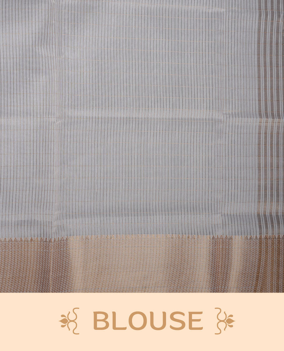 Off-white colour cotton Kerala saree featuring a classic gold kasavu border, detailed with fine woven stripes across the body and pallu, and paired with a matching blouse.