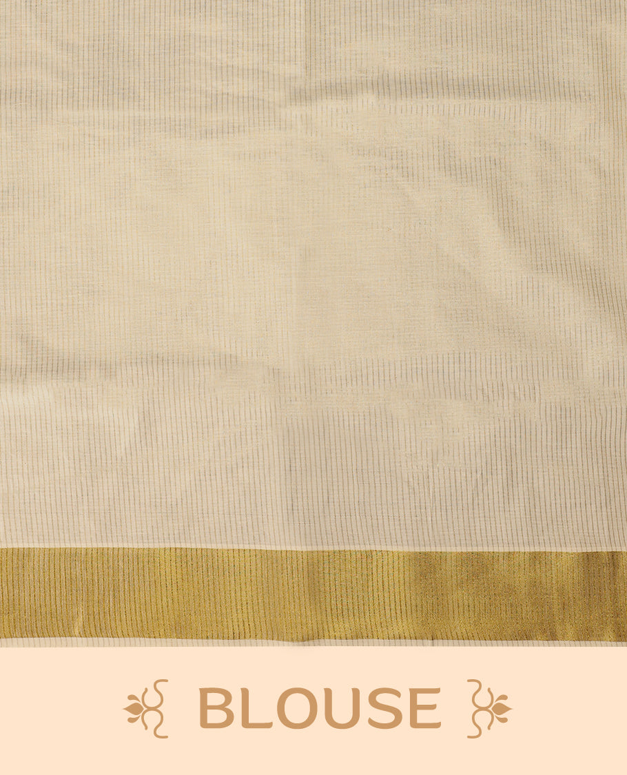 Kerala saree exudes timeless grace with its ivory base and rich golden zari border with Matching Blouse.