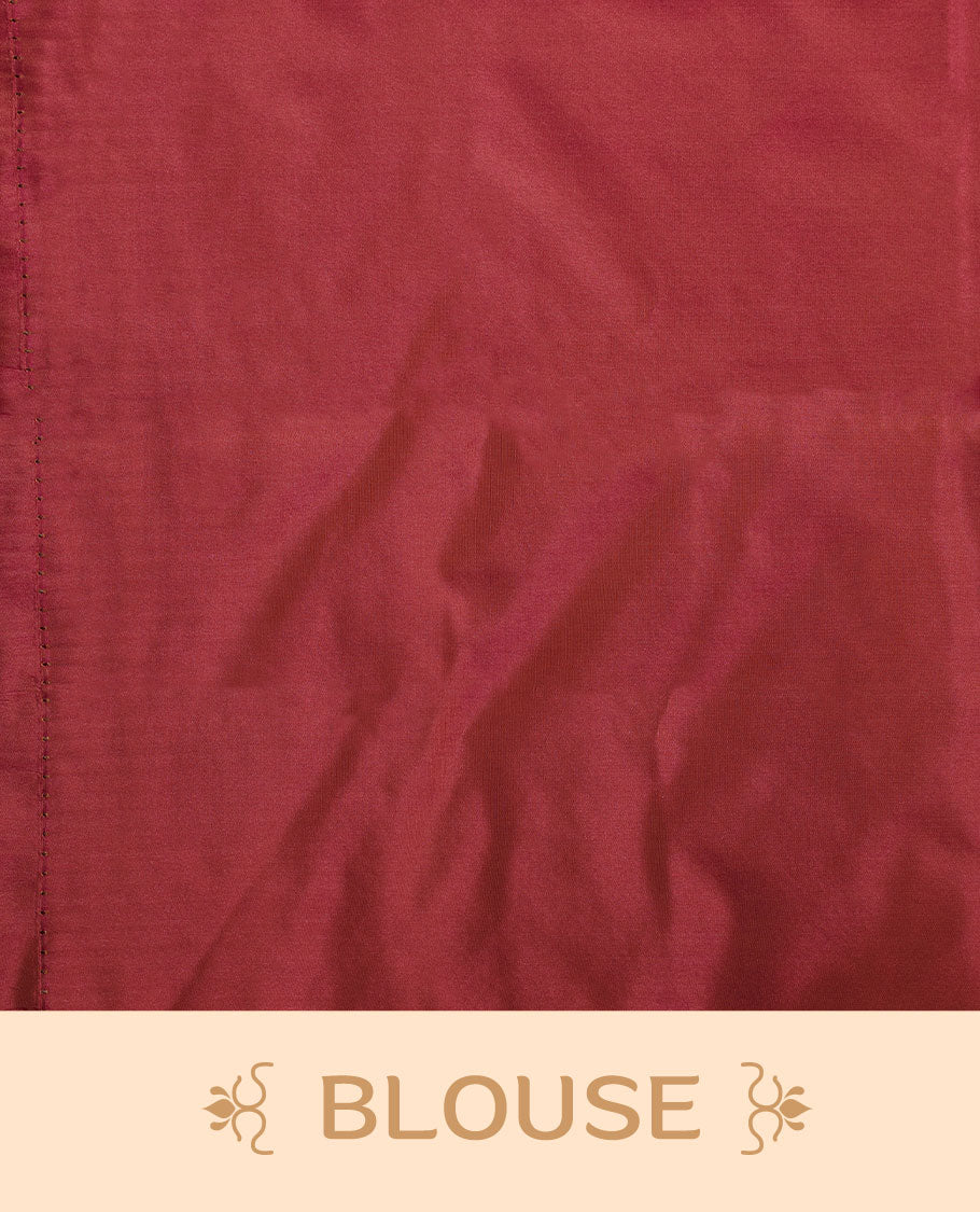 Dark peach colour semi soft silk saree adorned with delicate woven floral motifs on the body, complemented by a contrast red colour woven pallu with intricate detailing and tassel accents without border & Comes with a matching blouse piece.