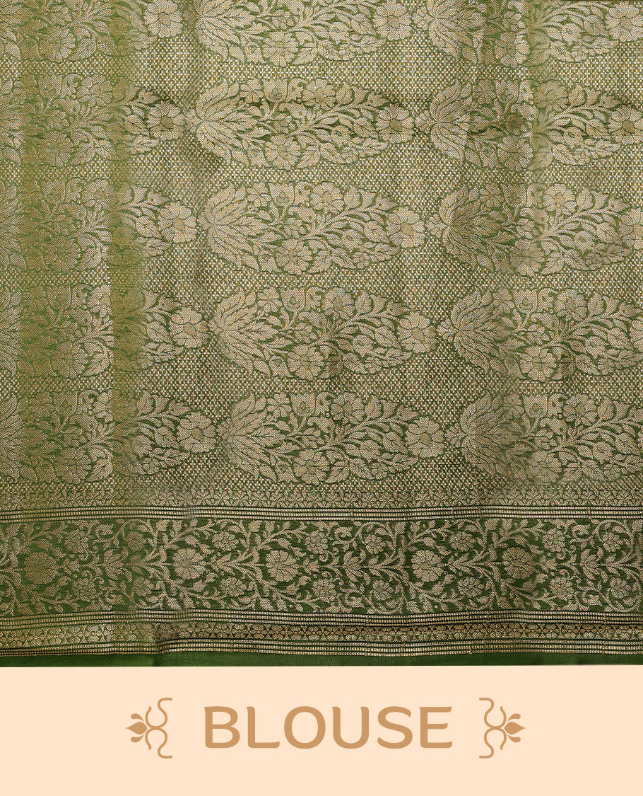 Rani colour pure Banarasi Chanderi cotton fabric, featuring traditional antique zari buttas on the body, complemented by a traditional Green Colour border and a matching blouse.