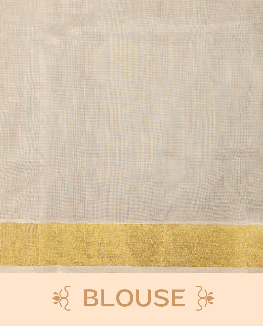 Off white colour pure handloom cotton kerala saree with small gold woven motifs on the body, golden zari border, pallu adorned with gold zari small peacock motifs, with matching blouse