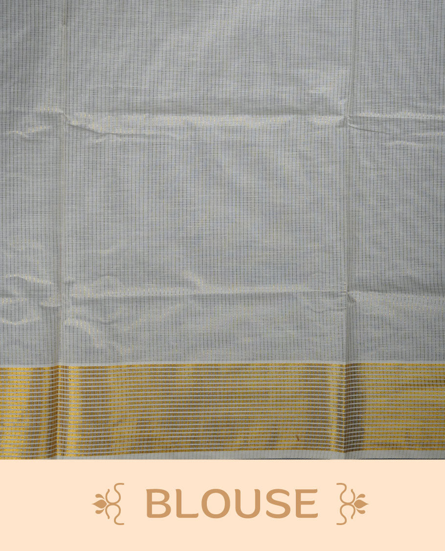 Off white colour Kerala cotton saree featuring fine golden stripes, complemented by a classic zari border and traditional pallu, paired with a matching blouse.