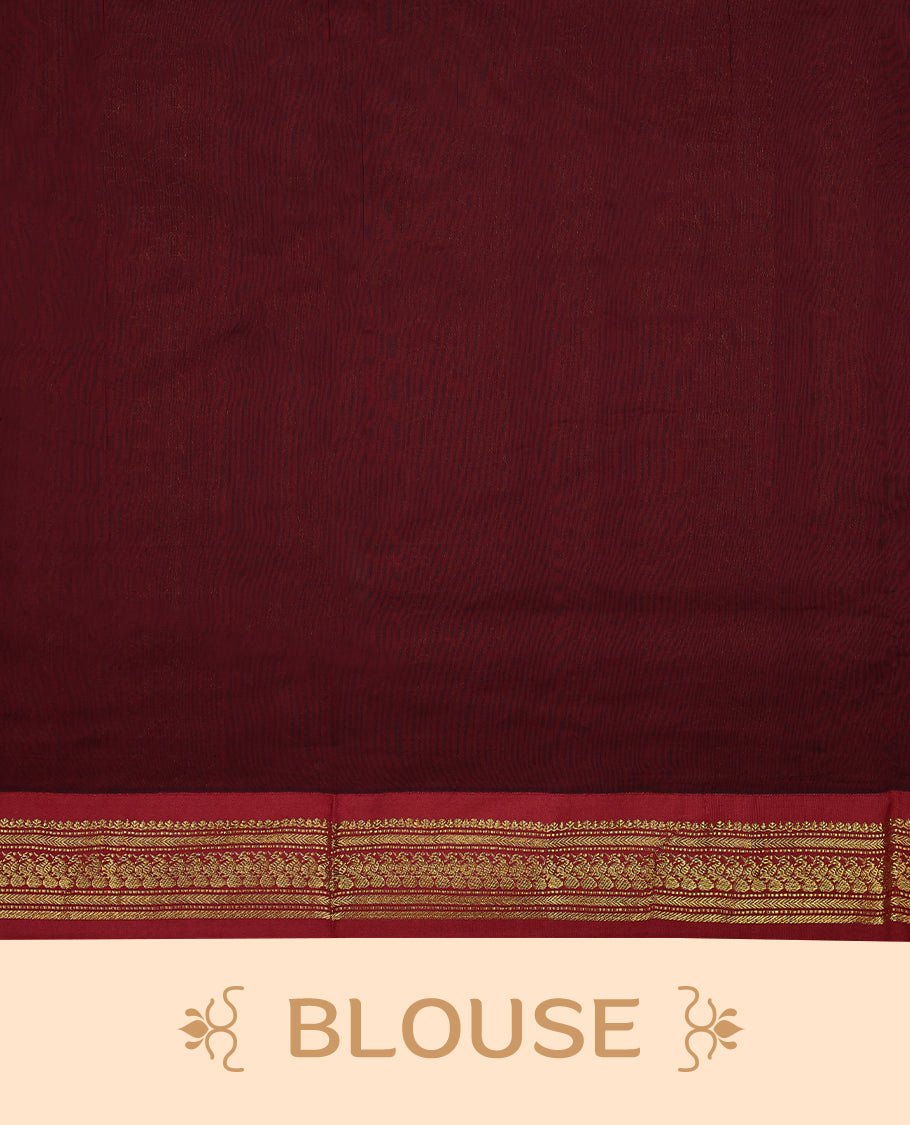 Pure Black colour mixed Kalyani cotton saree featuring Maroon zari motifs throughout the body, paired with a Maroon colour traditional border and pallu, with matching blouse