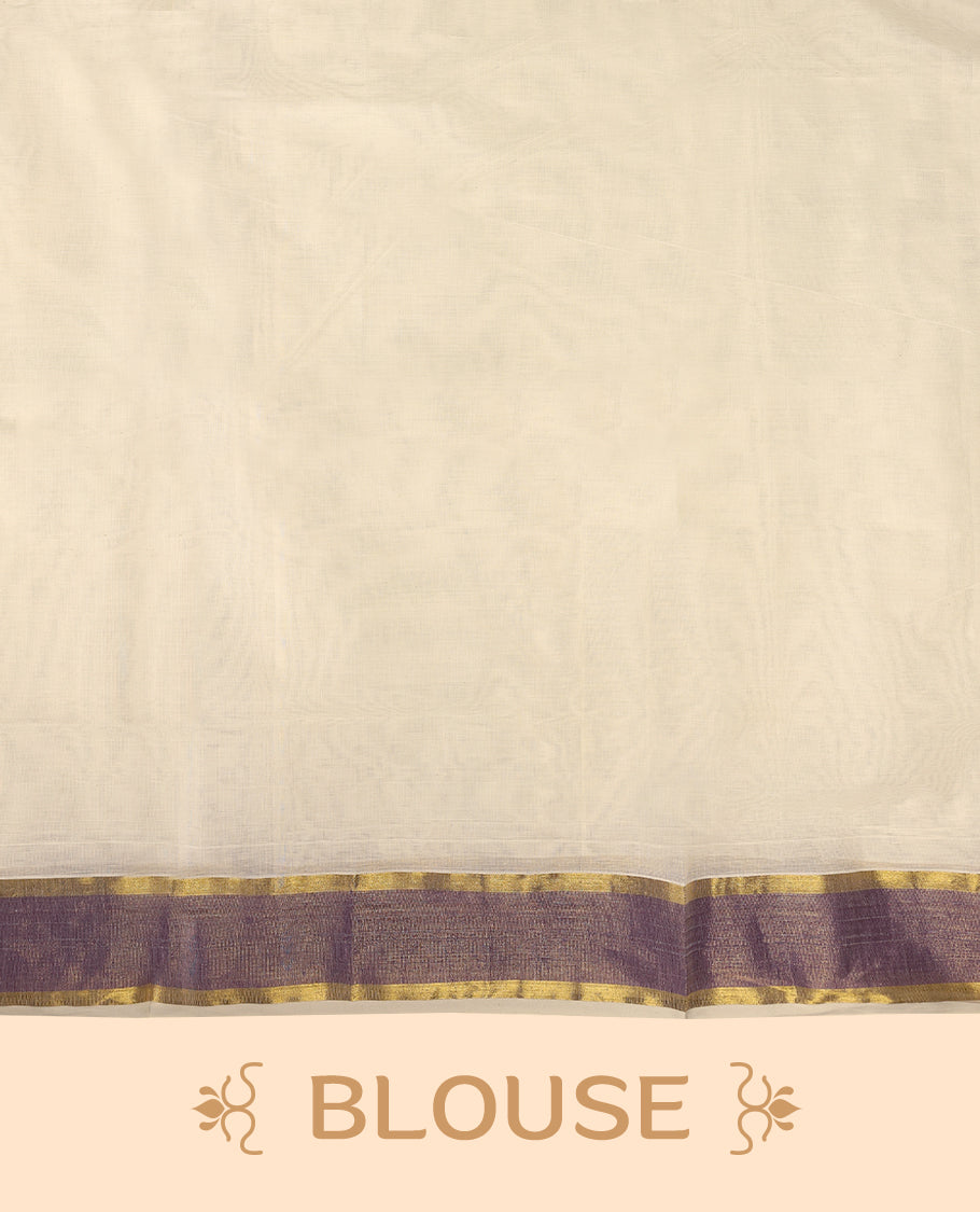 Elegant off white colour cotton Kerala saree featuring Plain body, Pastel purple & golden zari kasavu border offering a classic and graceful look, paired with a matching blouse.