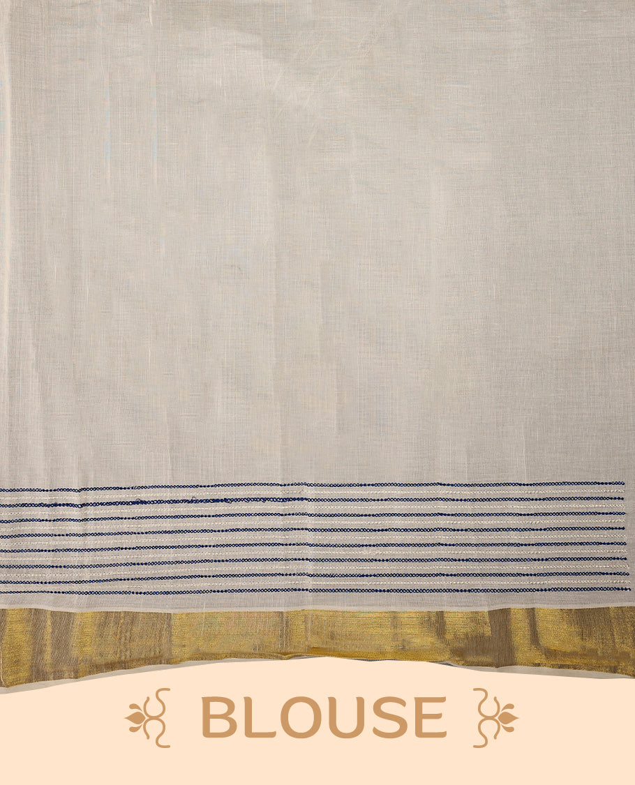 Elegant off white colour cotton Kerala saree featuring Blue colour Thread detailing on body, gold zari traditional kasavu border, Paired with matching blouse offering a classic and graceful look, paired with a matching blouse.