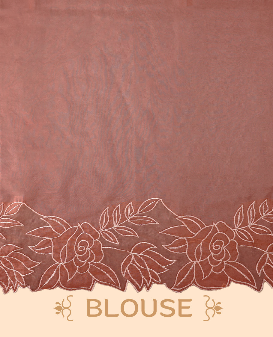 Peach colour net organza exclusive designer saree featuring a plain body and a beautifully adorned border with applique and thread embroidery work, complemented by a rich pallu and paired with a matching blouse