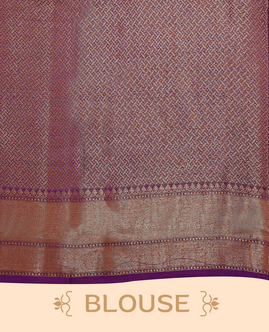 Lavender colour pure Banarasi Chanderi cotton, exquisitely detailed with traditional antique zari Aada designs across the body, finished with a hand-dyed contrast traditional border and a matching blouse.