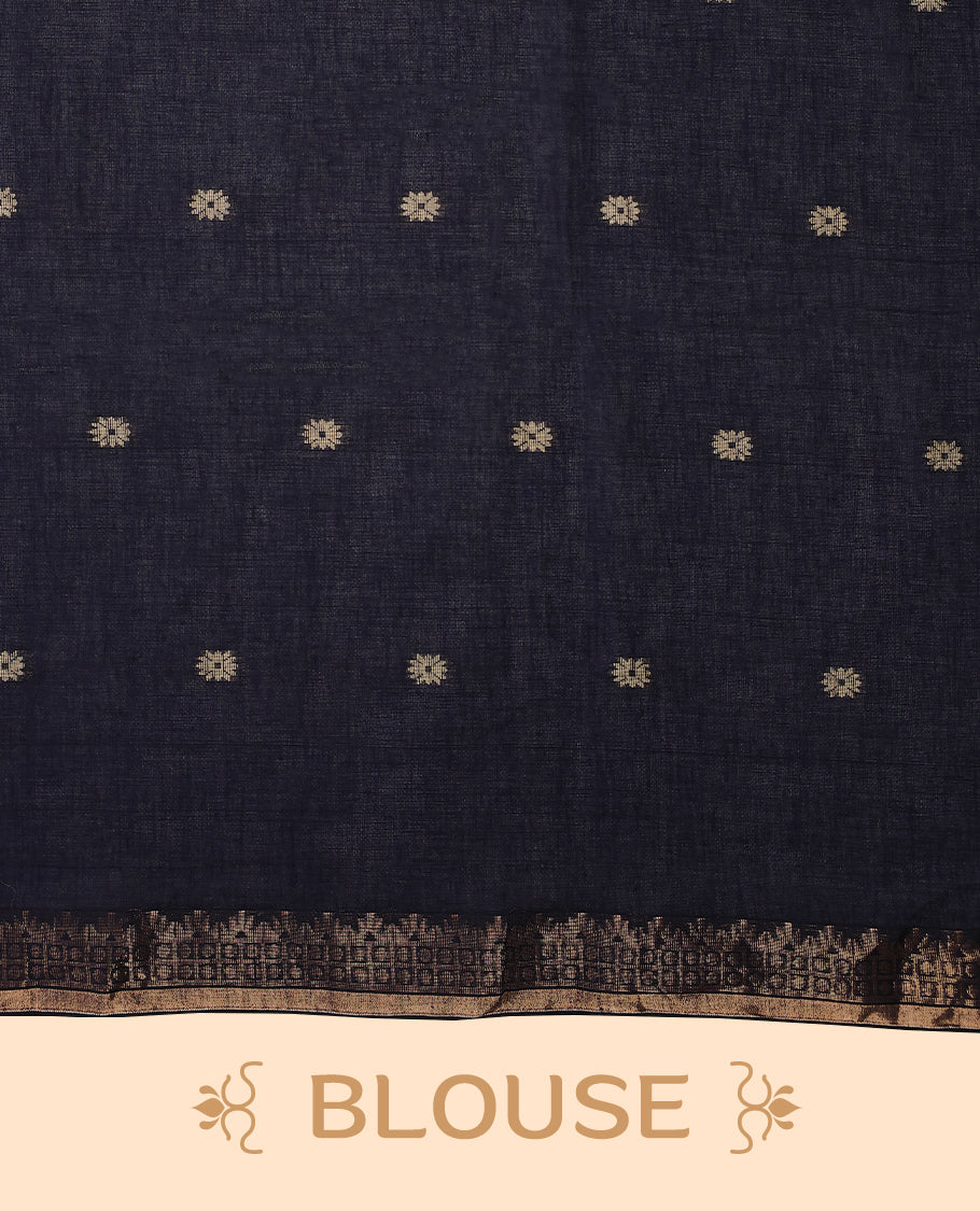 Deep Navy blue colour soft khadi cotton saree with small Beige Zari Flower motifs on the body, detailed woven Gold zari border, paired pallu with tussles, with matching blouse.