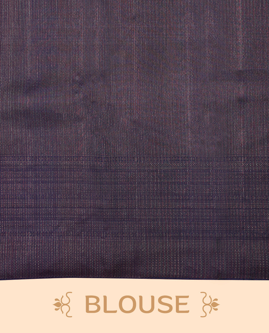 Dark Royal Purple coloured Manthrakodi saree featuring a multicoloured zari jacquard body, complemented by a self coloured turning Banarasi border and a matching self coloured blouse.