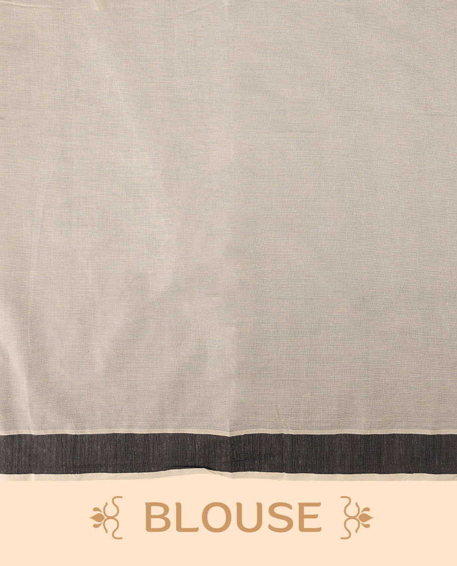 Elegant off white colour cotton Kerala saree featuring Plain body, Black colour border with Flower Block prints, Paired with matching blouse offering a classic and graceful look, paired with a matching blouse.