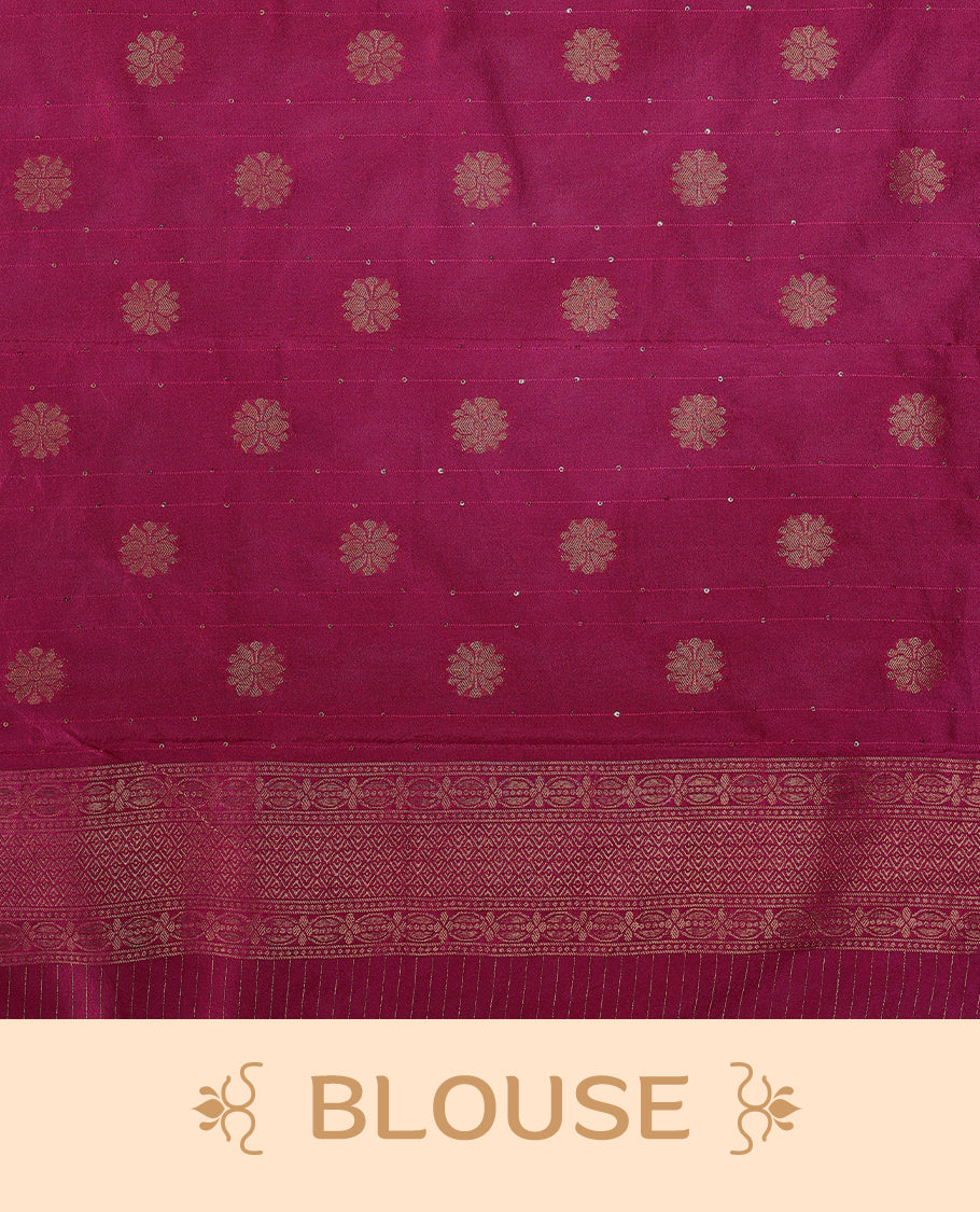 Rani Pink coloured semi Banaras georgette saree featuring golden Zari checks with floral motifs on the body, complemented by a self coloured traditional border with floral kodi design and a matching blouse.