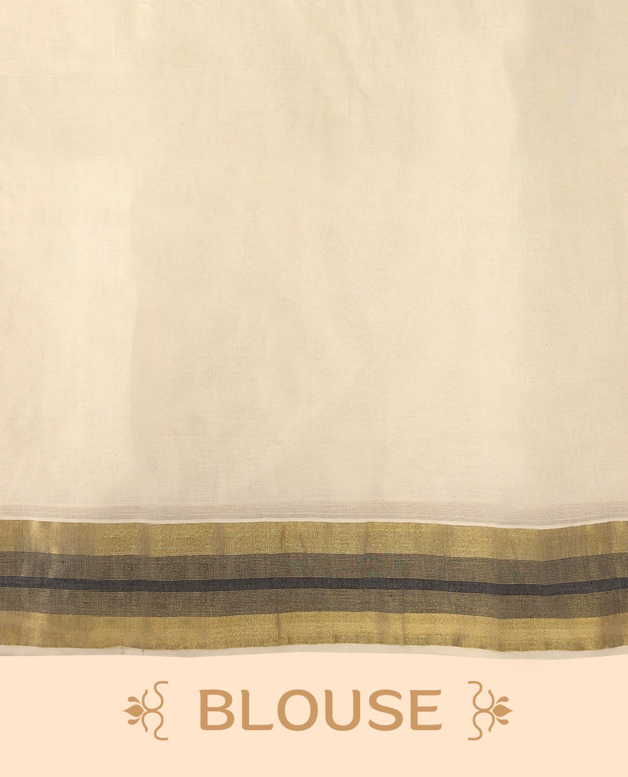 Elegant off white colour cotton Kerala saree featuring Plain body, Black colour & golden zari kasavu border offering a classic and graceful look, paired with a matching blouse.