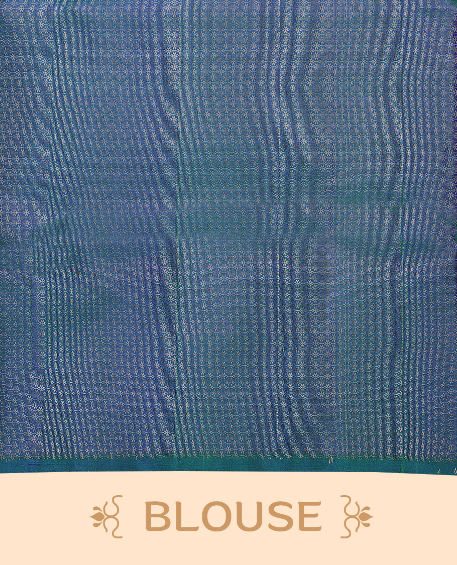 Peacock blue and green dual tone pure Mayuri silk saree featuring intricate gold Zari woven patterns across the body, highlighted with a rich geometric woven border, with matching blouse