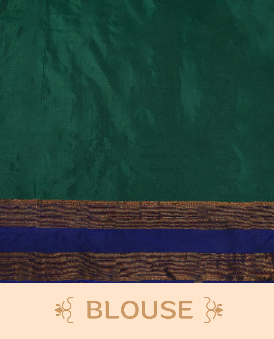 Green Colour semi silk saree features golden thread checks all over, complemented by a rich contrast blue and Golden zari border, and comes with a matching blouse.
