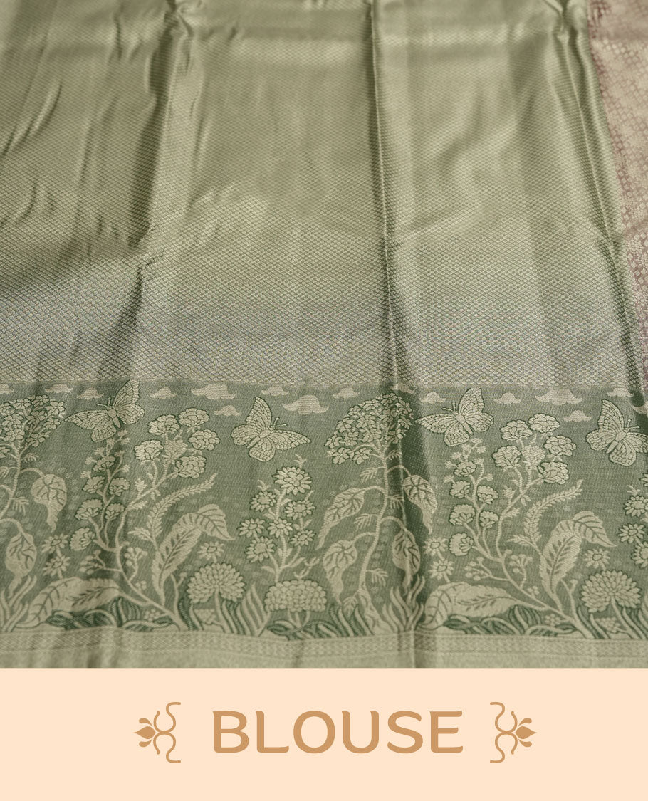 brick red colour and Antique gold Zari Tissue Brocade Saree features intricate Motifs on body and a dark green colour with fancy border & pallu with floral patterns, paired with matching blouse