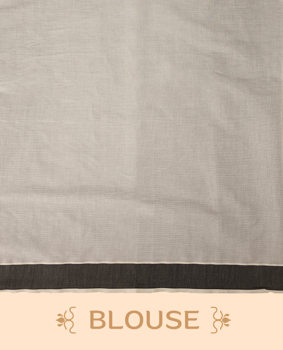 Elegant off white colour cotton Kerala saree featuring Plain body, Black colour border with brown colour temple designs, Paired with matching blouse offering a classic and graceful look