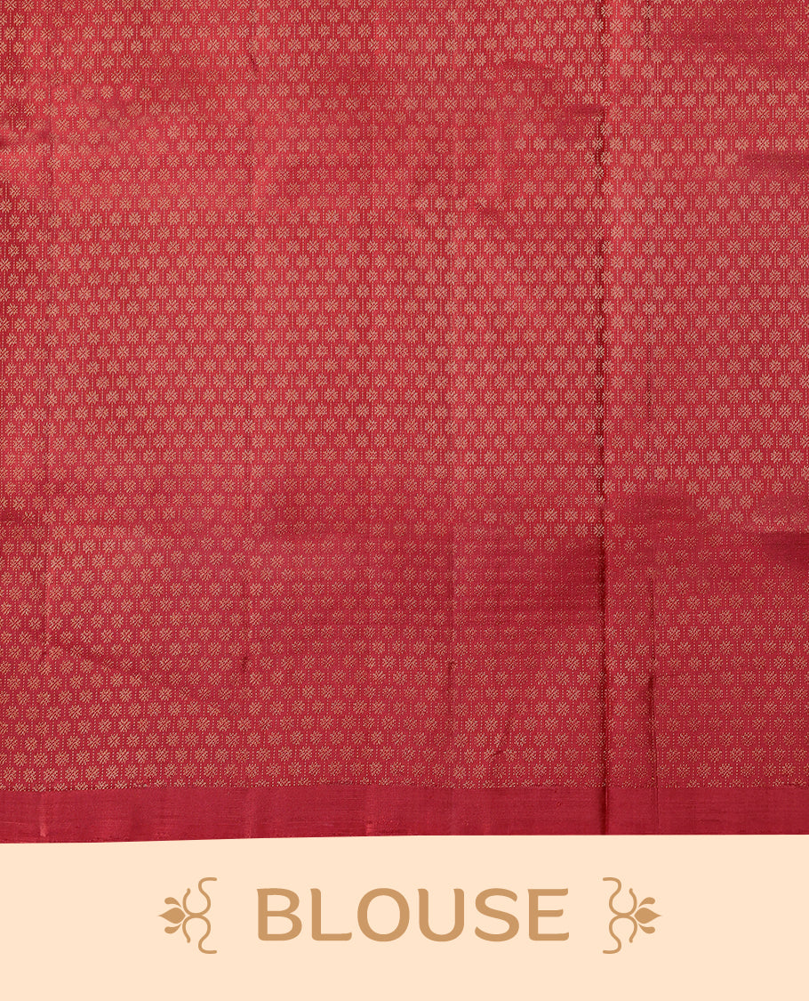 Deep Red Colour pure Mayuri silk saree featuring intricate gold Zari woven patterns across the body, highlighted with a rich woven border, with matching blouse