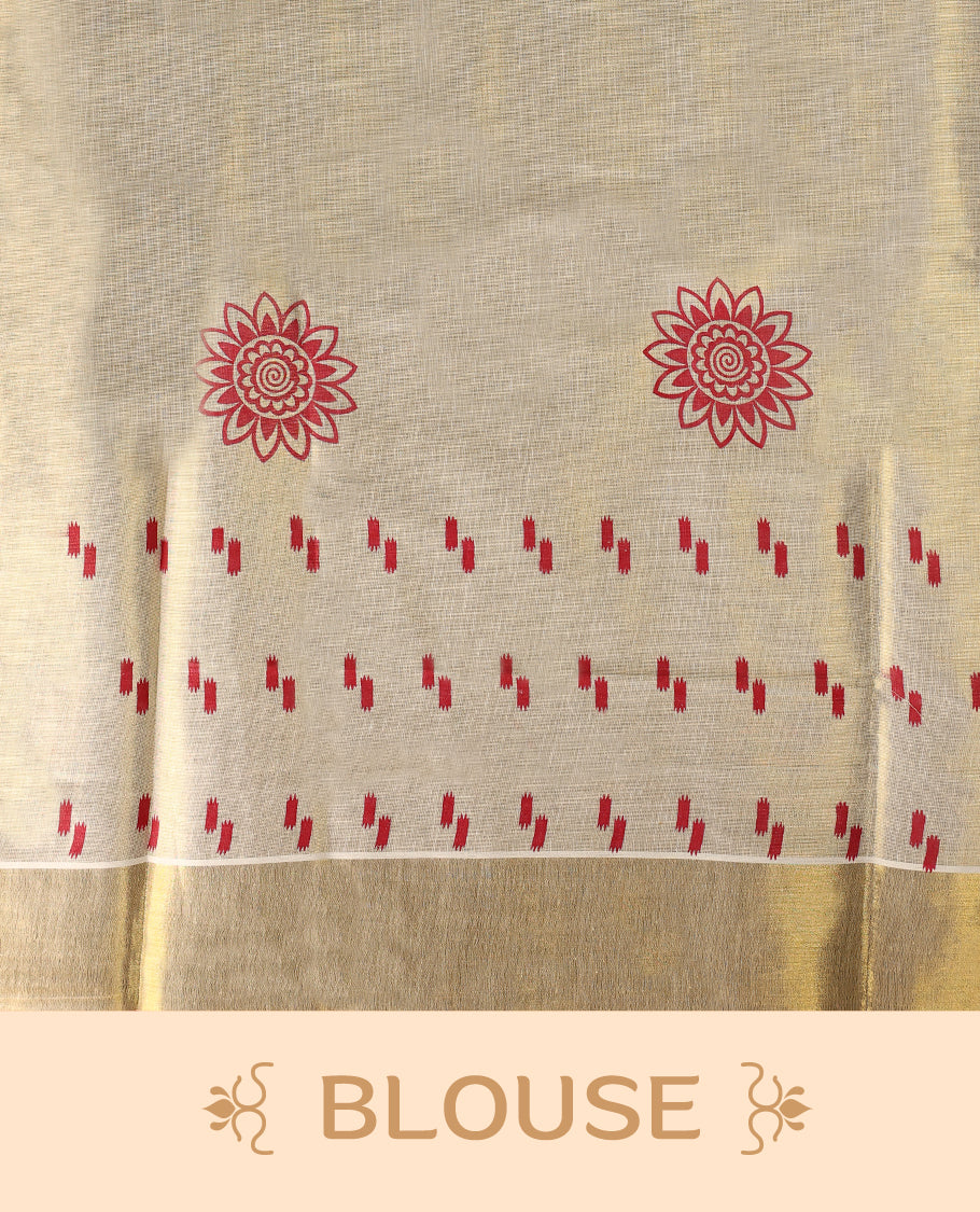 Elegant handloom soft tissue kerala saree in cream with gold zari border and pink detailing,Adorned with floral motifs and subtle stripes, paired with a matching blouse,perfect for festive and traditional occasions.