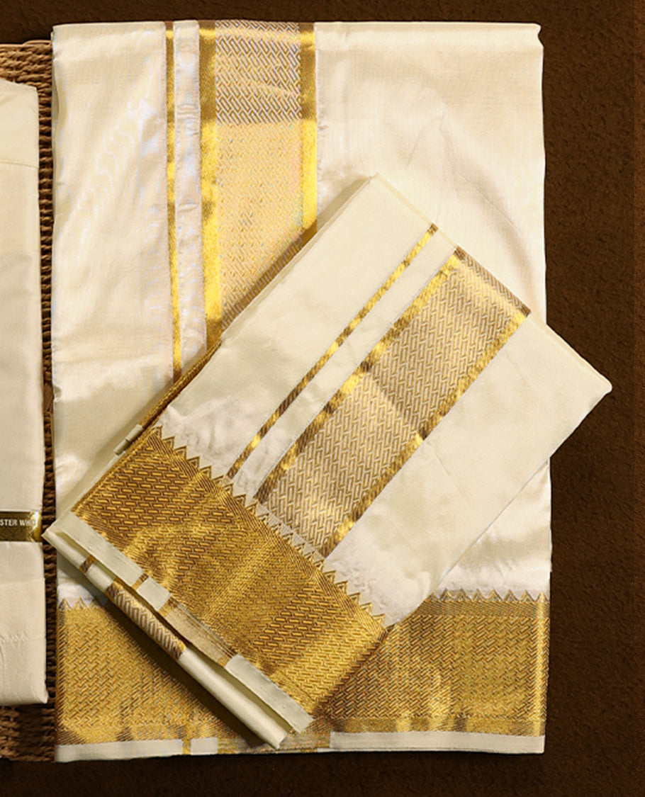 Cream gold coloured silk wedding shirt, dhoti, and towel set from MINISTER WHITE, featuring a gold zari border.