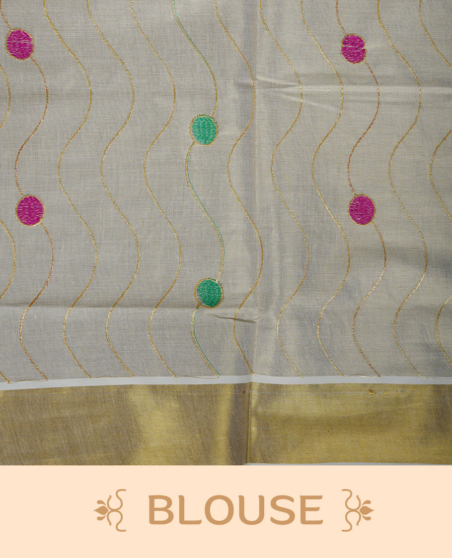 Off white colour cotton Kerala saree with wavy zari lines and colourful motifs, complemented by a classic golden zari border and matching blouse.