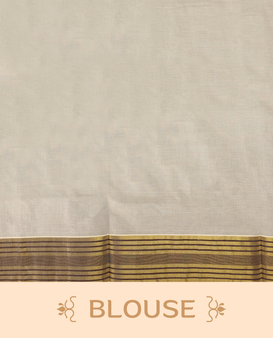 Classic off white colour Kerala cotton saree with rich brown and gold striped border, Lightweight and breathable, it comes with a matching blouse & perfect for traditional functions and everyday elegance.