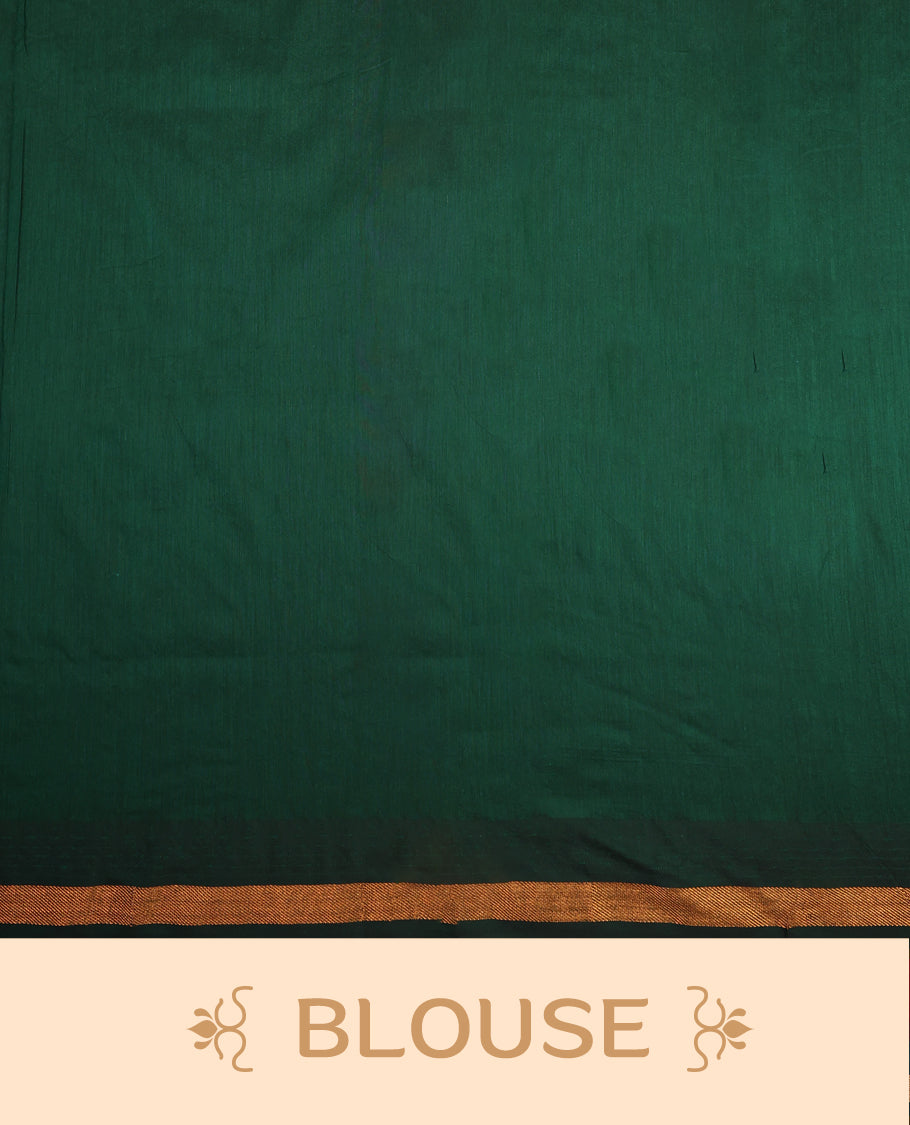 Brick red and Dark Green Kalyani cotton saree featuring delicate golden floral and peacock motifs, highlighted with an intricately woven zari border and pallu, paired with a matching blouse