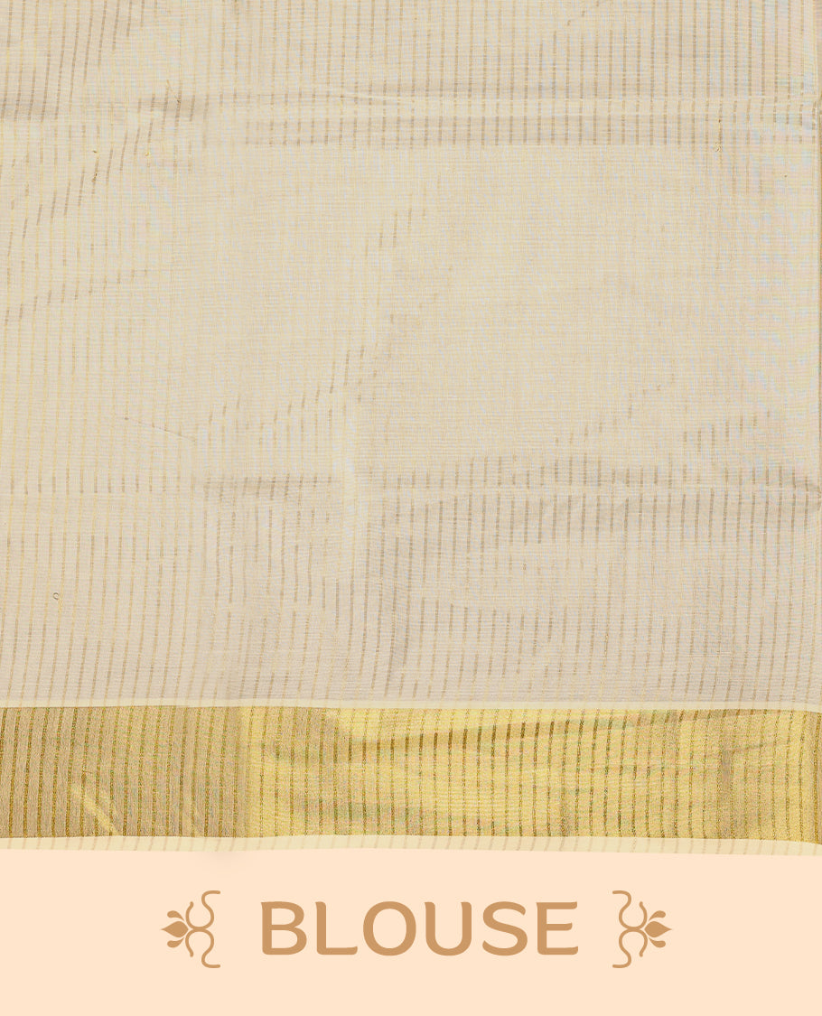 Kerala cotton saree with fine golden stripes and a Golden lustrous zari border with Matching Blouse