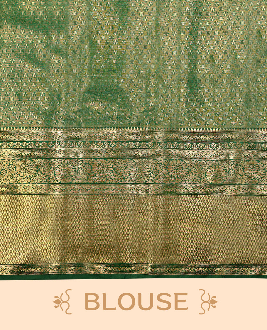 Golden Colour Tissue Semi Silk Saree having Silver Zari Worked Body and Blouse with Green Border