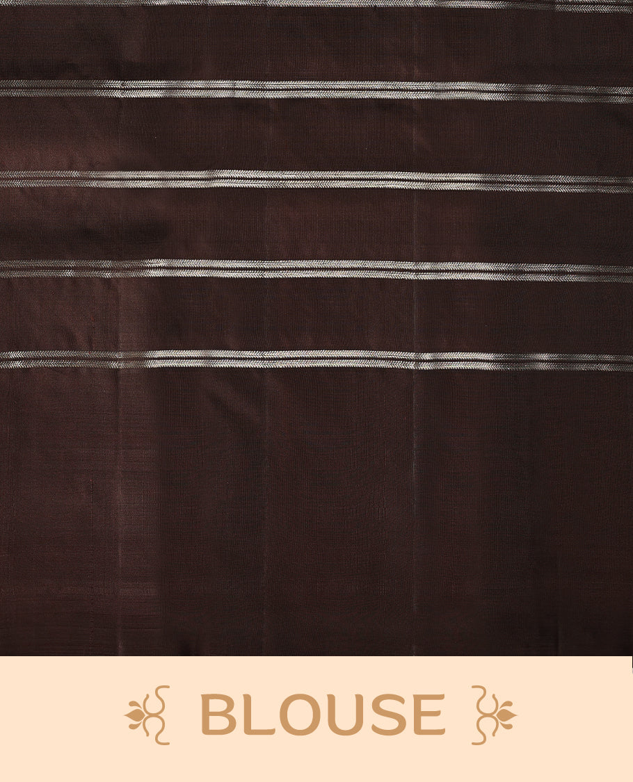 Pastel olive Colour traditional Kancheepuram silk saree adorned with antique check patterns on the body, featuring a deep brown simple border with paisley motifs, and paired with a matching blouse.