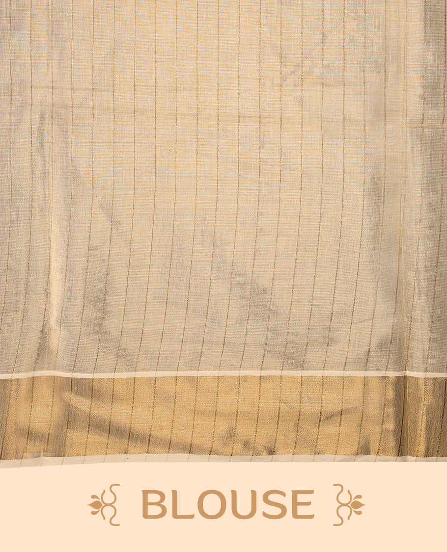Light Golden Elegant Kerala Tissue saree with striped Body, paired with Kasavu border having Lotus Prints & a matching blouse