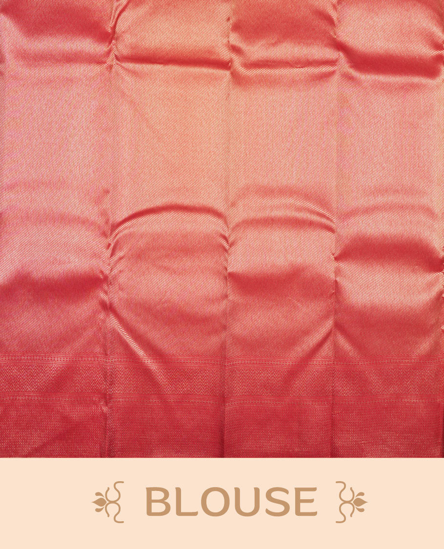 Cherry Red colour Kanchipuram pattern Manthrakodi saree featuring intricate geometric floral antique gold zari weaving design across the body, beautifully complemented with a matching self jaquard blouse piece.