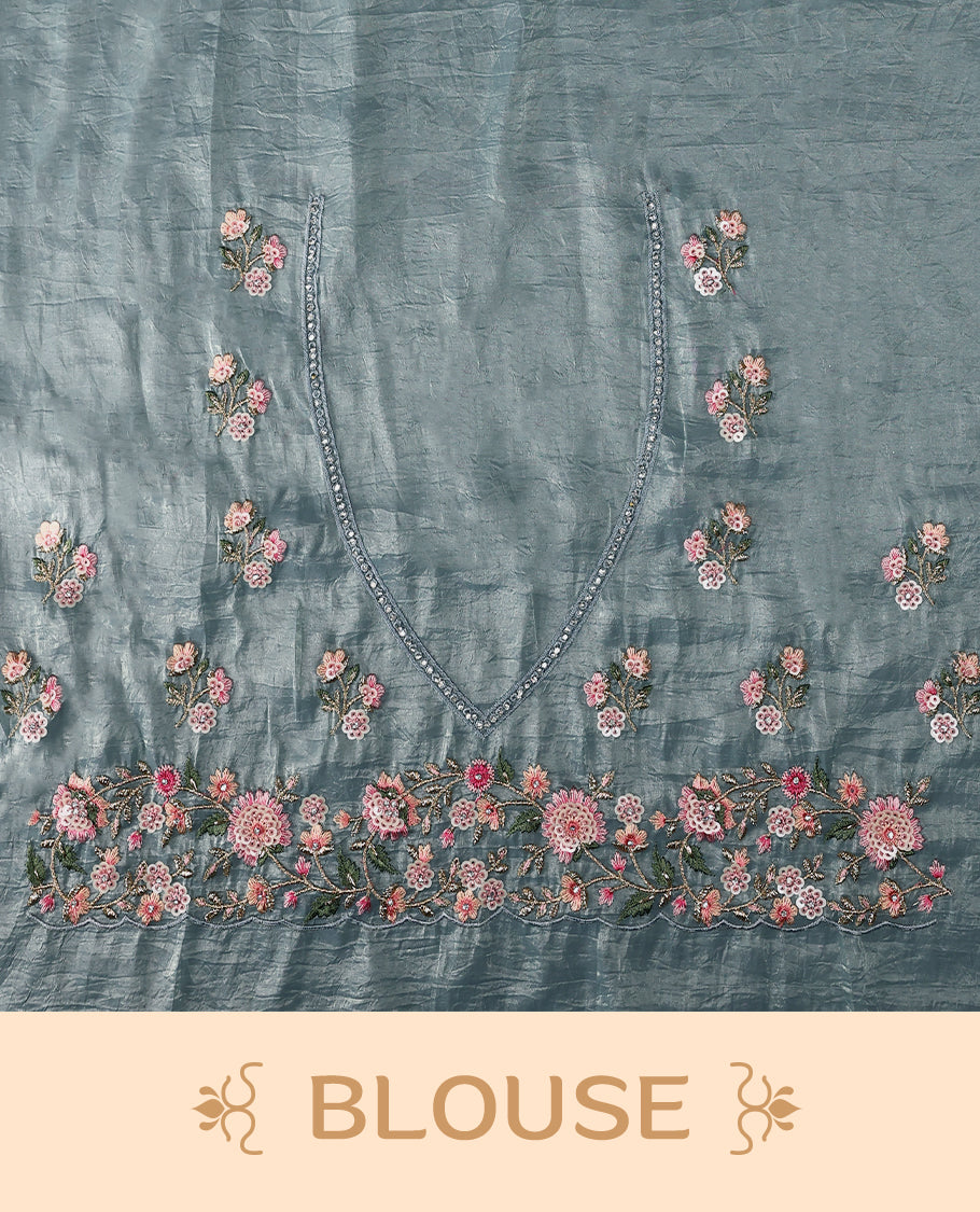Dusty Blue Crush Soft Silk saree featuring Floral Thread Works on the body, complemented by delicate floral embroidery border and a matching blouse.