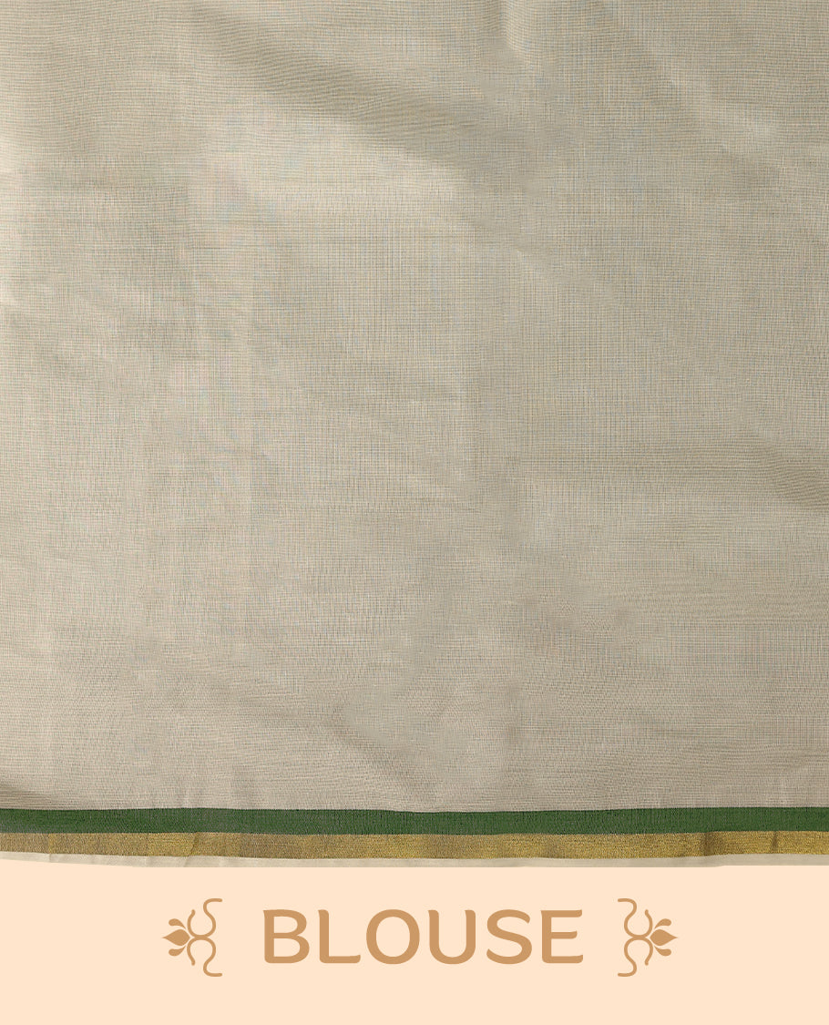 Elegant off white colour cotton Kerala saree featuring a plain body and traditional golden zari border with a hint of Deep Green, offering a classic and graceful look, paired with a matching blouse.