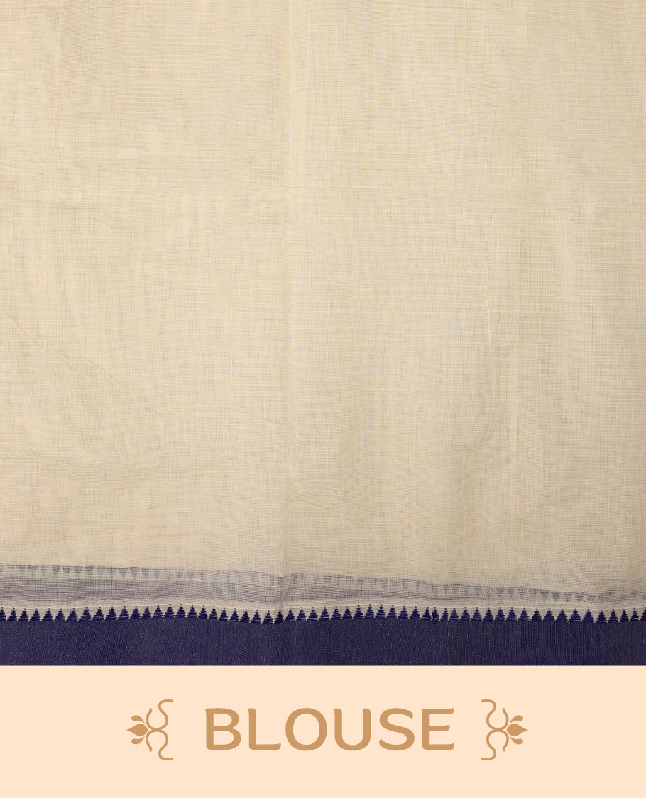 Elegant off white colour cotton Kerala saree featuring Plain body, Blue colour border with Peacock Motifs, Paired with matching blouse offering a classic and graceful look, paired with a matching blouse.