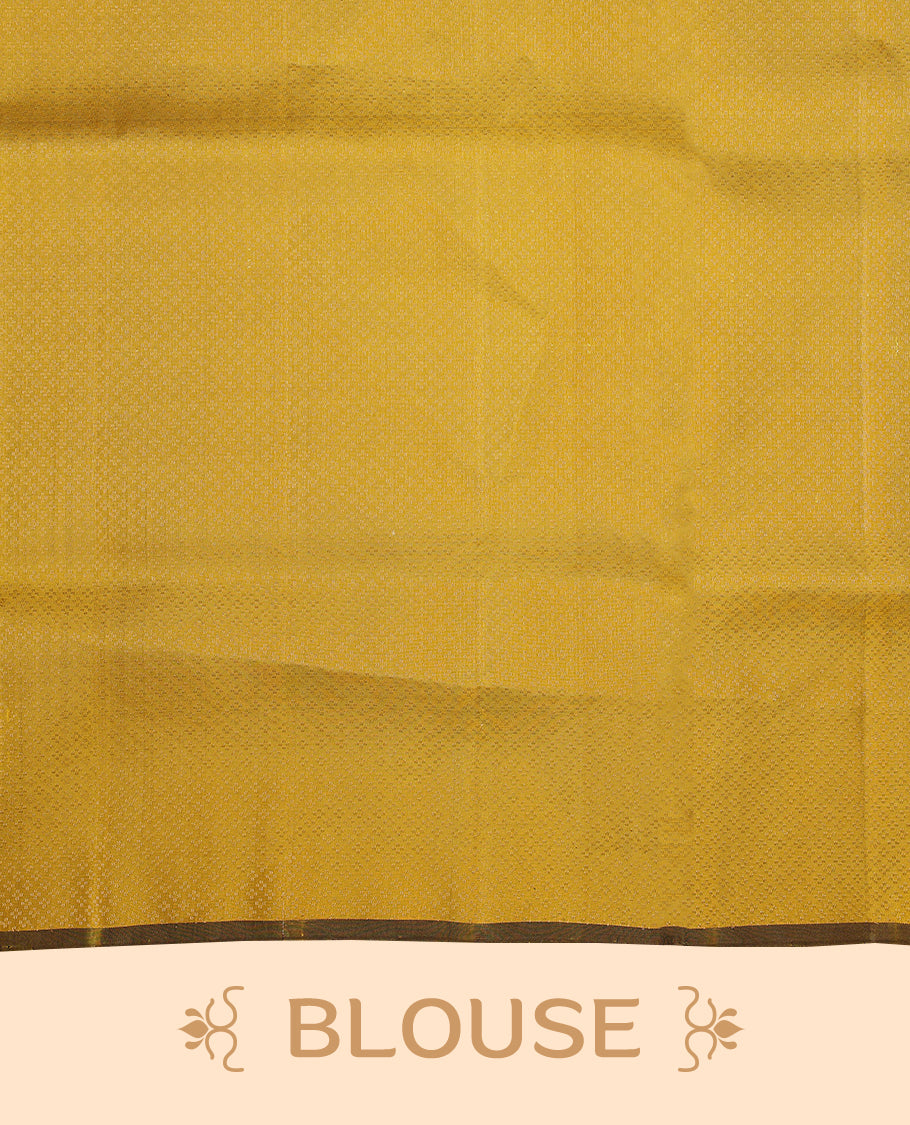Yellow colour pure Mayuri silk saree featuring finely woven Golden zari motifs across the body, detailed with a subtle geometric self border with intricate texture, with matching blouse