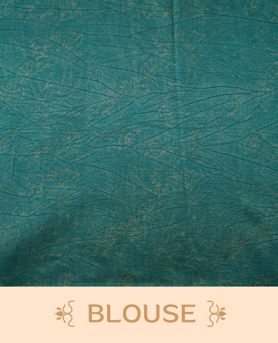 Olive green colour Manipuri saree with subtle blue textured patterns, minimal border, and comes with a matching blouse.