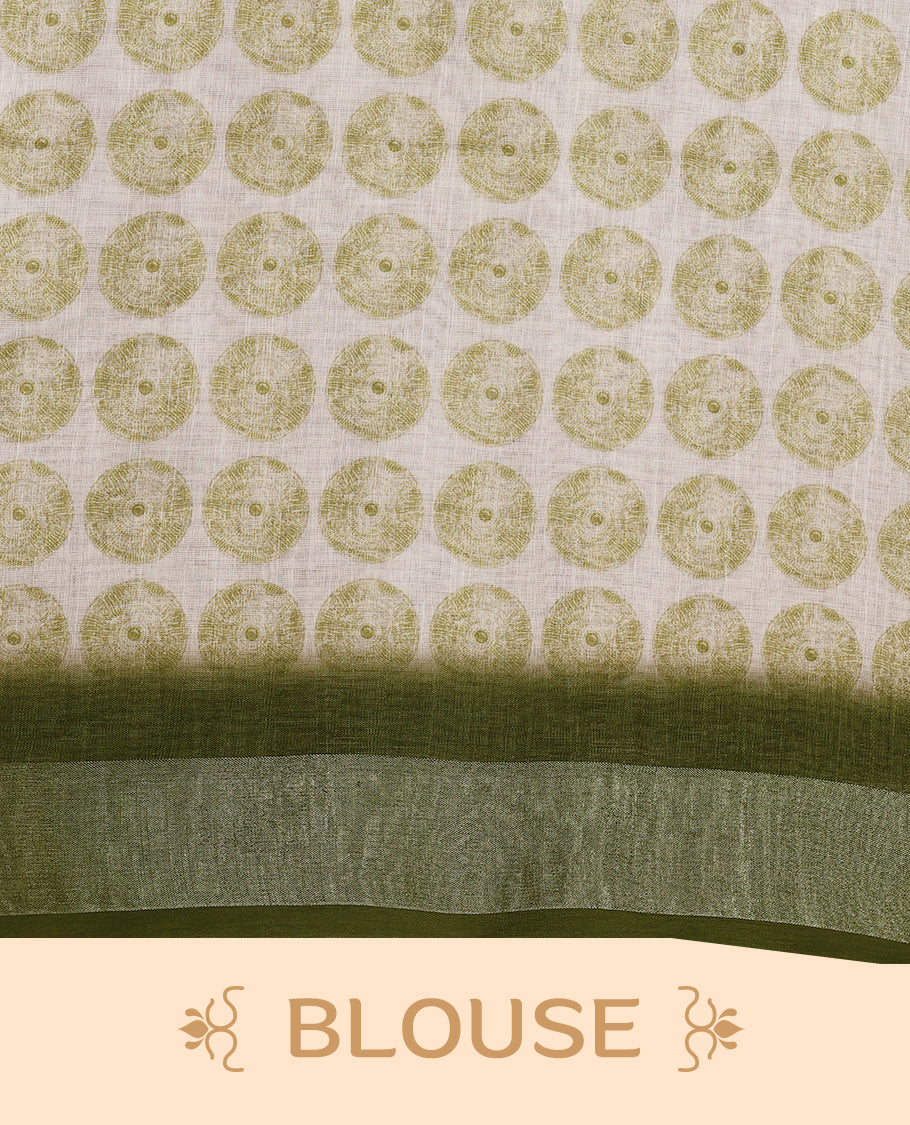 White cotton saree adorned with green abstract patterns and a rich green border with Matching Blouse