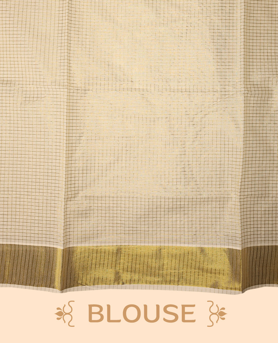Elegant off white colour cotton Kerala saree featuring Tiny Checked body, gold zari traditional kasavu border offering a classic and graceful look, paired with a matching blouse.