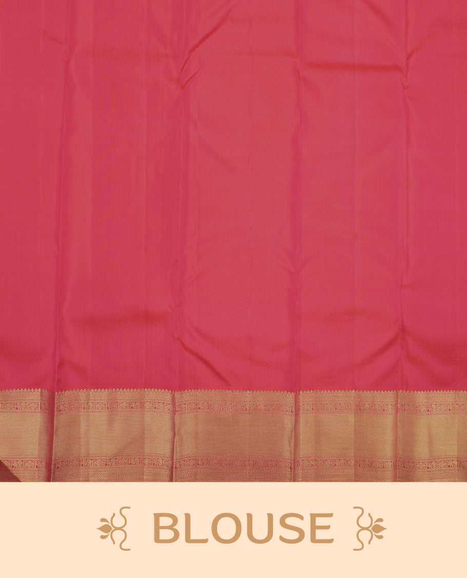 Rani pink colour Kanchipuram pattern Manthrakodi saree featuring golden zari traditional pattern and floral zari jacquard with small zari motifs across the body, traditional bavanji border, and plain zari blouse piece.