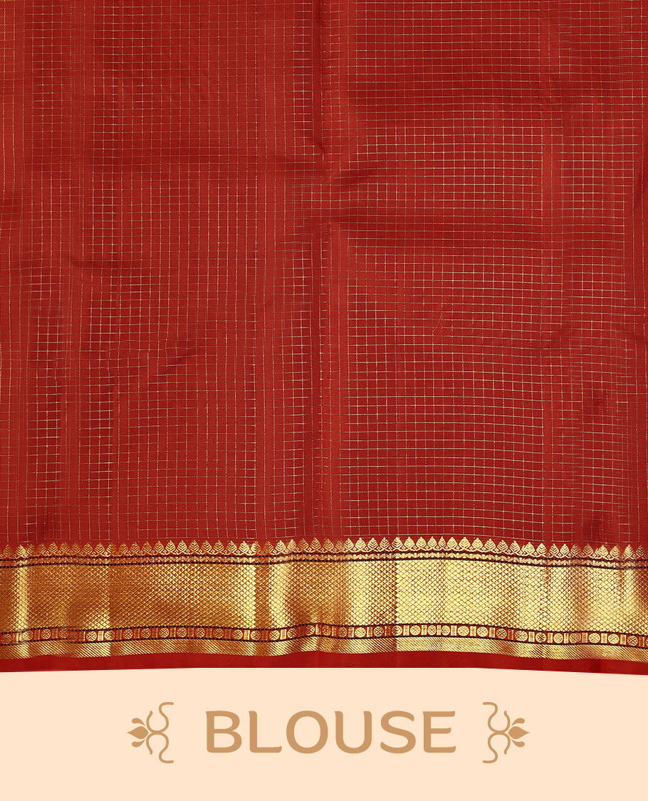 Red traditional Kancheepuram silk saree featuring antique zari check patterns with golden motifs on the body, a classic rudraksham border, and a matching blouse.