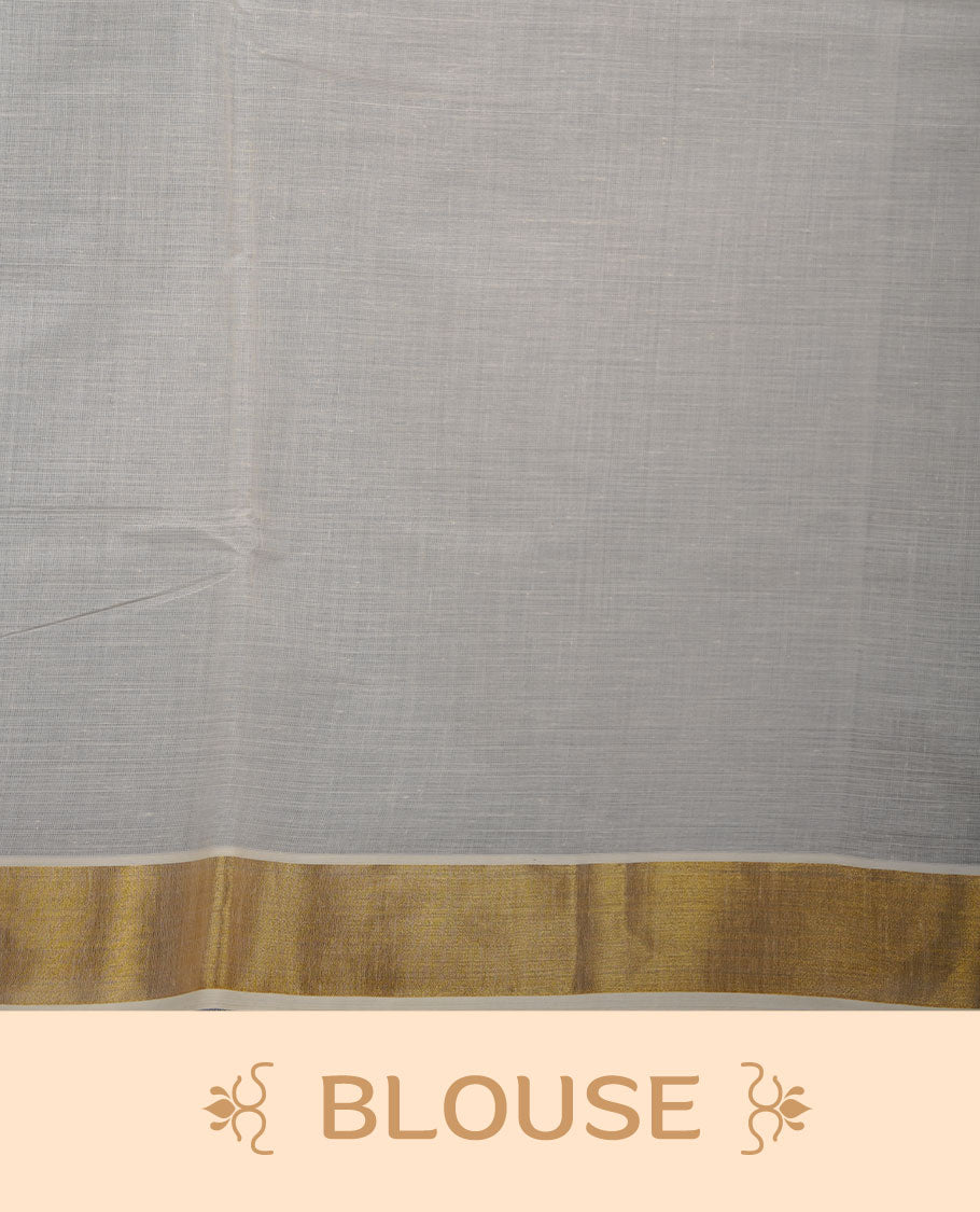 Off-white colour cotton Kerala saree with a classic gold kasavu border, adorned with multicolour floral motifs across the body and pallu, and paired with a matching blouse.