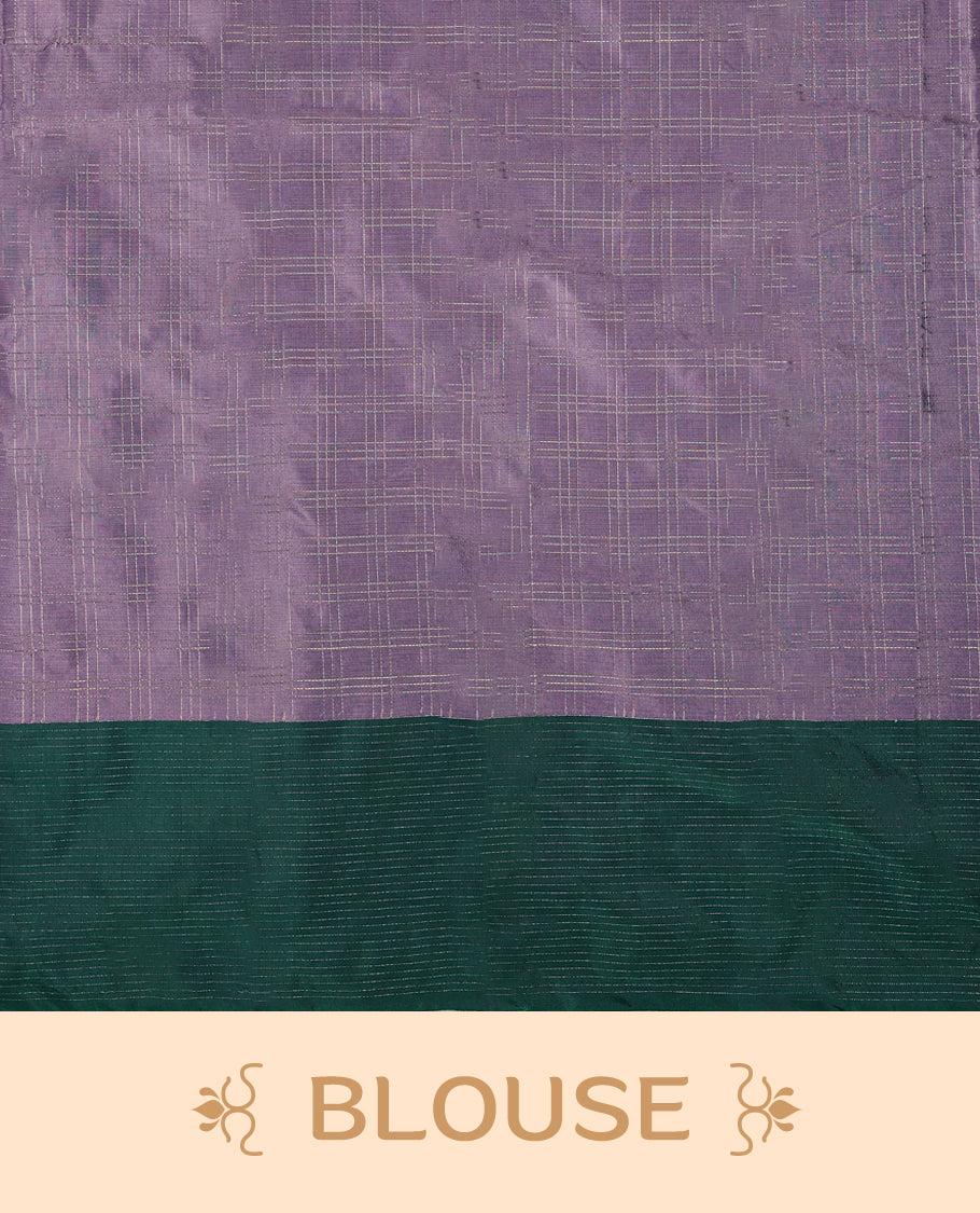 Pastel lavender Colour semi silk saree features a fine checked body design, contrasting deep green textured borders, and comes with a matching blouse.