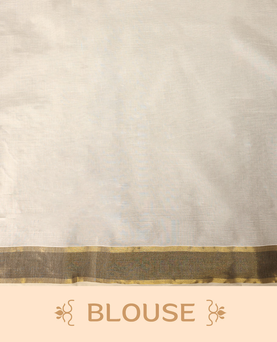 Elegant off white colour cotton Kerala saree featuring Plain body, Muted Black & golden zari kasavu border offering a classic and graceful look, paired with a matching blouse.