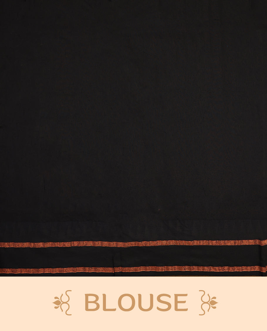 Mustard colour mixed Kalyani cotton saree featuring gold zari motifs throughout the body, paired with a Black colour traditional border and pallu, with matching blouse