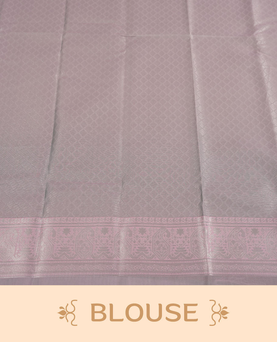 Teal Green colour Semi Silk Saree with Self-Checked Geometric Patterns on the Body, Contrasting Ice Silver Zari Woven Pallu and Border Featuring Intricate Paisley-Floral Motifs and Tassels, Paired with Coordinated Blouse Piece