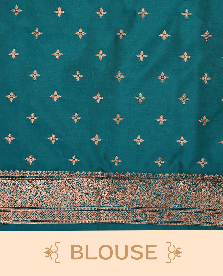 Blue coloured semi silk saree featuring a Golden Zari design on the body, paired with a Self coloured border and matching blouse.