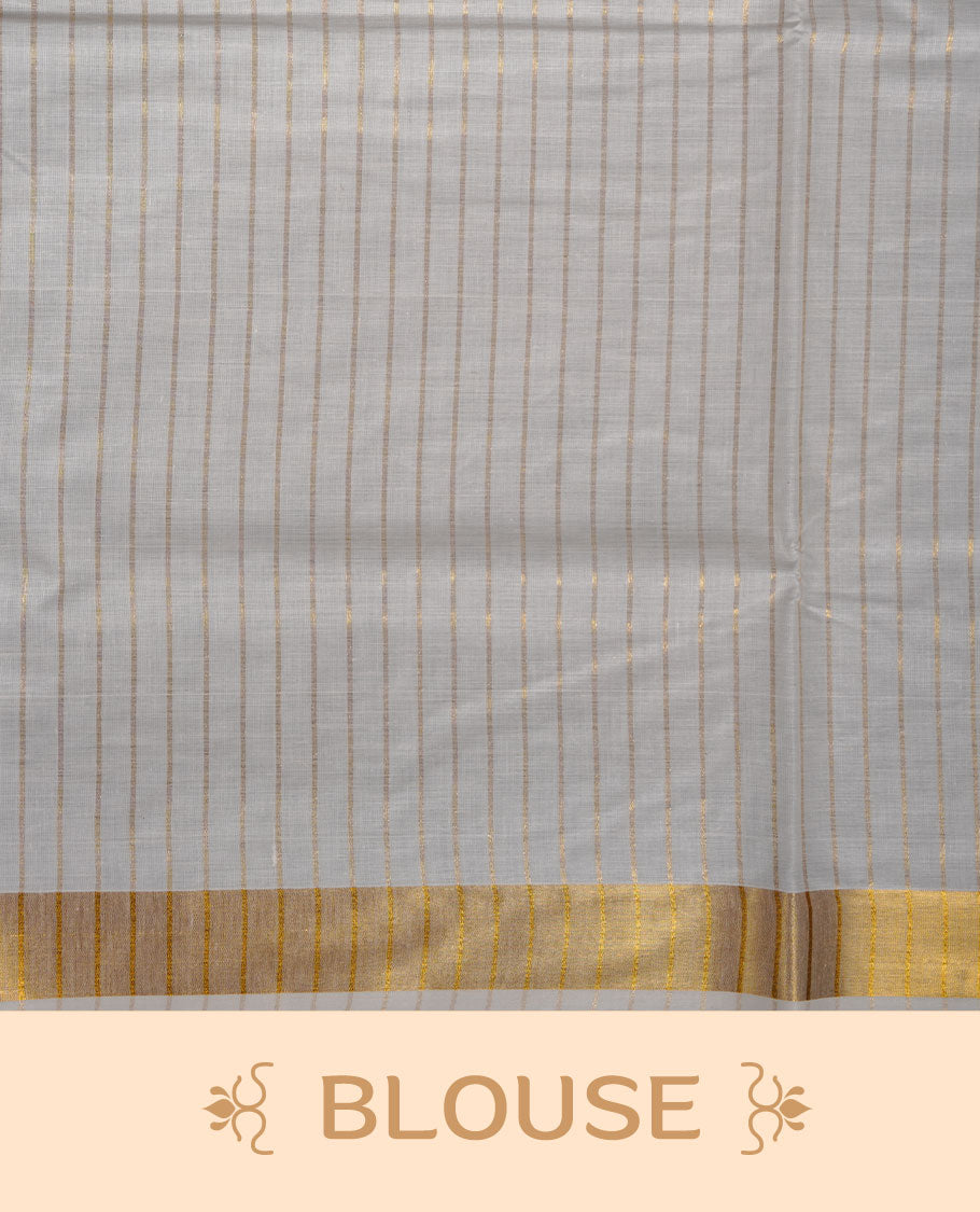 Off-white colour cotton Kerala saree featuring fine golden stripe detailing across the body, highlighted by a rich gold kasavu border along the edges and pallu, and paired with a matching striped blouse.